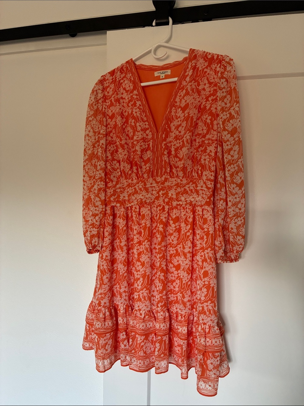 Max Studio Orange Floral Smocked Waist Midi Dress Medium